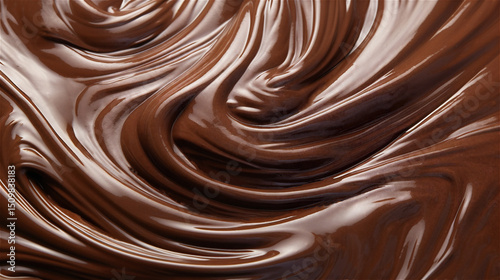 Top-down image of a batch of swirling, delicious chocolate being prepared for tempering. A sweet, guilty pleasure. Cooking ingredient for candy making or frosting.