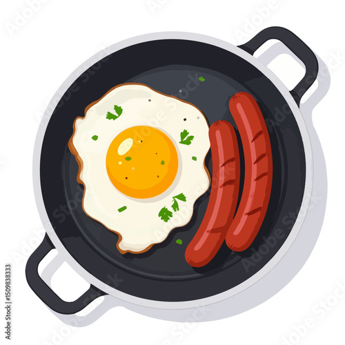 A frying pan contains a fried egg and two sausages