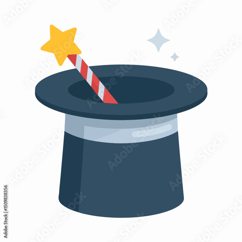 A magicians hat with a startopped magic wand emerging
