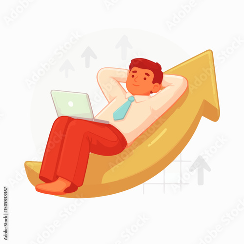 A man in a shirt  tie reclines on a golden upwards arrow using a laptop within a background of upwardpointing arrows