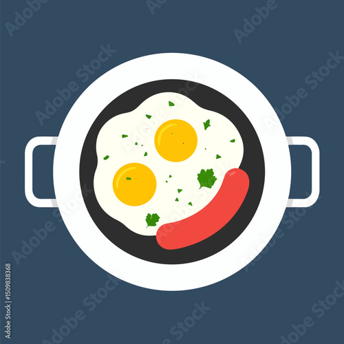 A pan with two sunnyside up eggs sausage and herb garnish
