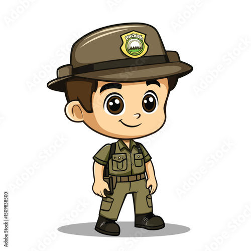 Friendly Cartoon Park Ranger with Uniform and Badge Smiling and Standing Proudly