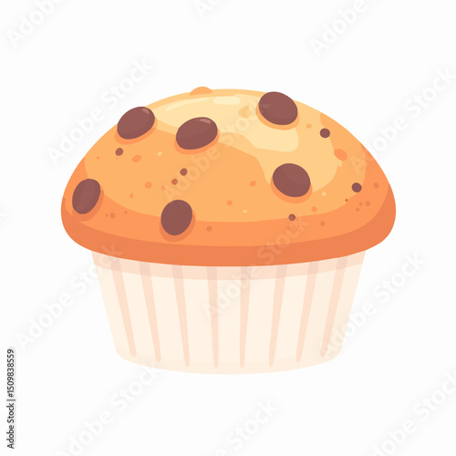 A cartoon muffin with chocolate chips sits on a white paper liner The muffin is orange and the chips are brown
