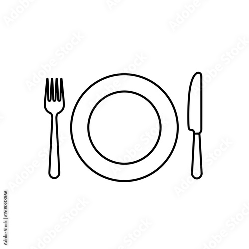 Simple line drawing of a plate with fork and knife on white background  