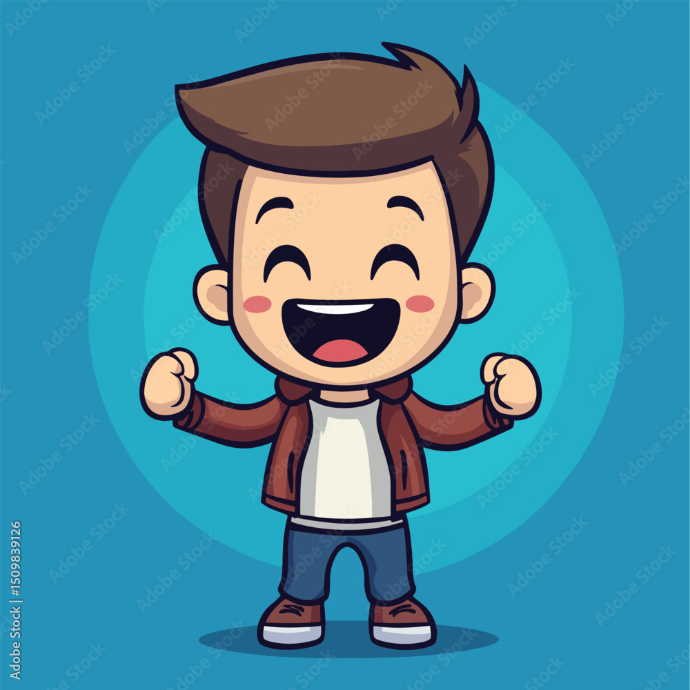 Joyful Cartoon Boy in Brown Jacket Triumphant Pose