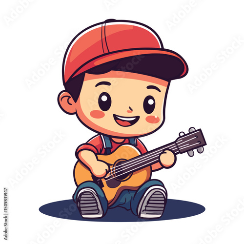 Joyful Cartoon Boy Playing Acoustic Guitar (1)