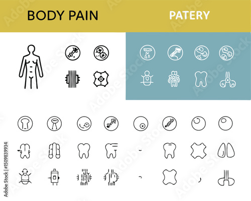 Body pain and patery icons set for medical conditions and healthcare services vector illustration