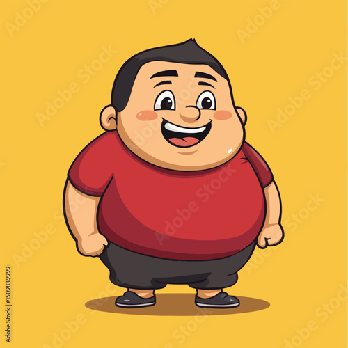 Joyful Overweight Cartoon Boy in Red Shirt