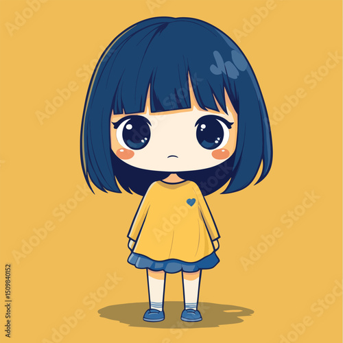 Melancholy Anime Girl in Yellow Sweater and Blue Shoes