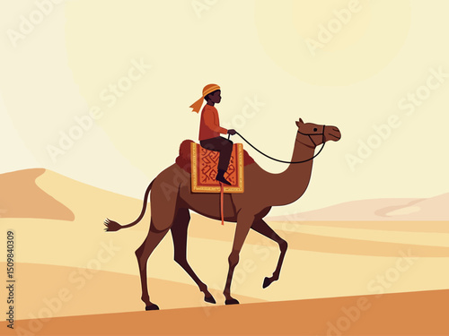 Arabian kid rider mounted brown camel travel around Sahara desert