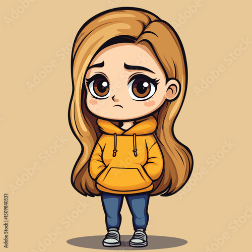 Pensive Anime Girl in Yellow Hoodie Long Blonde Hair