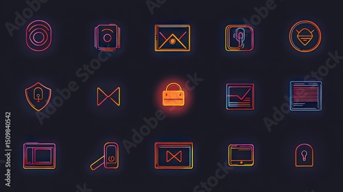 Neon icons representing various security and business concepts displayed on a dark background evenly spaced