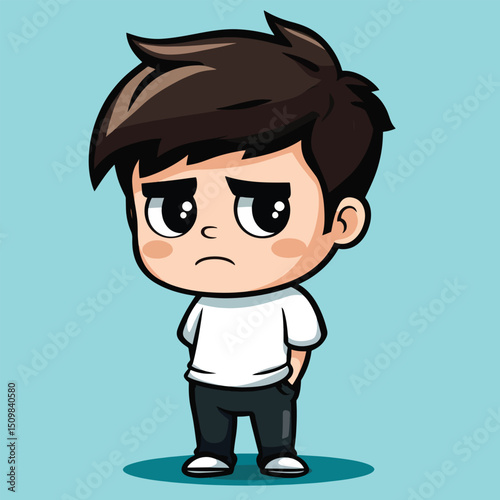 Pensive Cartoon Boy with Large Eyes and Brown Hair