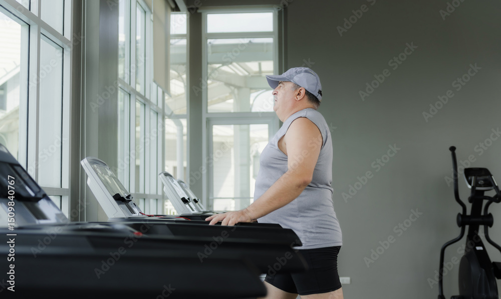 © wanakit - Fat man running on a treadmill in a gym and looking straight ahead. © wanakit - Fat man running on a treadmill in a gym and looking straight ahead.