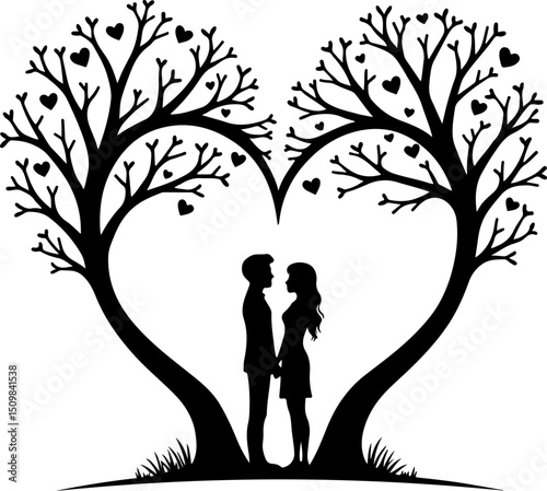 Romantic Couple Under Heart Tree Silhouette vector