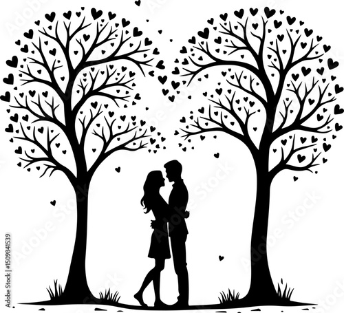 Romantic Couple Under Heart Tree Silhouette vector