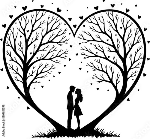 Romantic Couple Under Heart Tree Silhouette vector