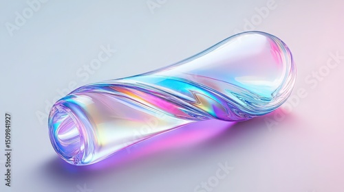 Iridescent twisted glass object with colorful reflections on a light background in studio lighting