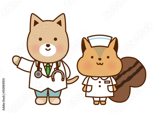 かわいい動物のお医者さん・ナースイラストセット｜犬・リス