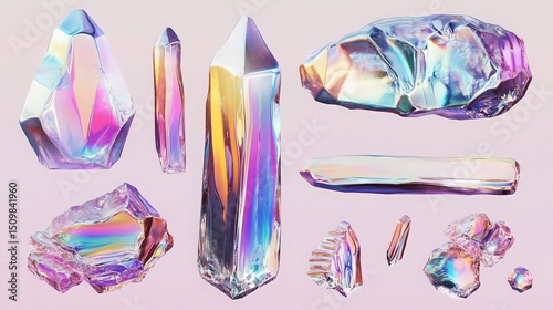 Iridescent crystals arranged on a light pink background with varied shapes and sizes in a studio shot