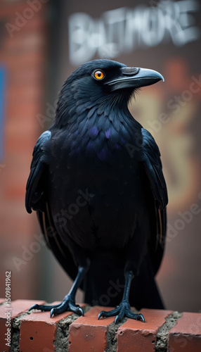 A striking black raven stands on a weathered brick wall, showcasing its glossy feathers and keen eyes. The urban background hints at a lively city atmosphere, possibly Baltimore