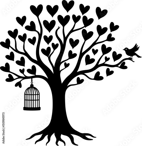 Romantic Couple Under Heart Tree Silhouette vector