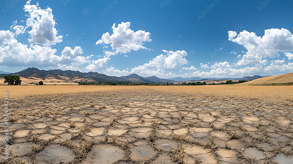 Fototapeta premium panoramic view of drought-affected farmland with wilted plants