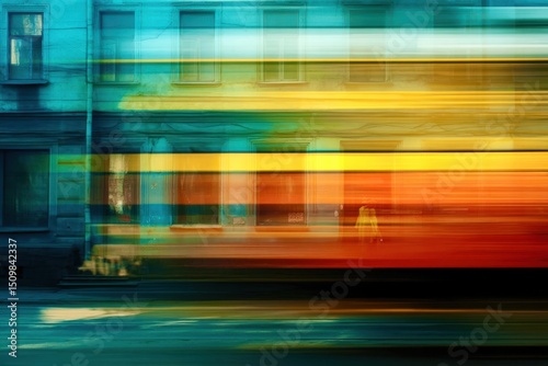 A colorful street scene with a blurred bus in the foreground