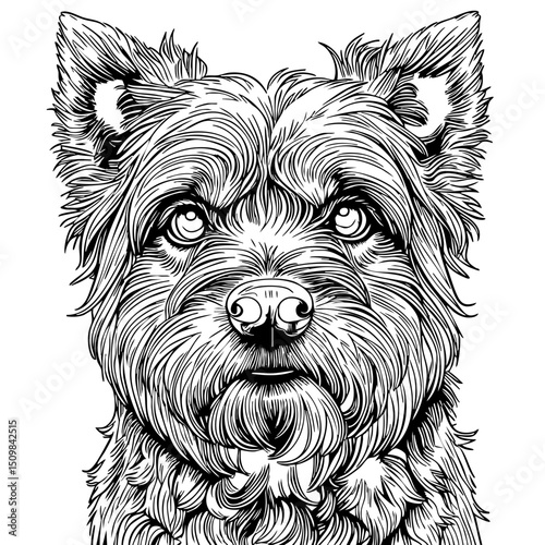 Black and White Illustration of Fluffy Terrier Dog Face – Hand-Drawn Line Art of Adorable Pet Portrait for Dog Lovers and Animal-Themed Decor