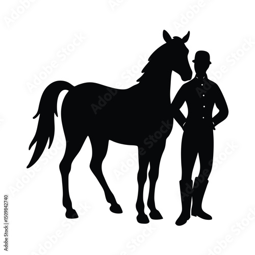 Black vector silhouette illustration of a wild horse and rider galloping