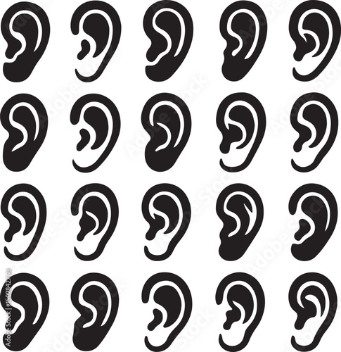 A collection of 20 human ear silhouettes in bold black. Each ear icon is crafted with anatomical accuracy, ideal for medical, audiology, or minimal character designs.