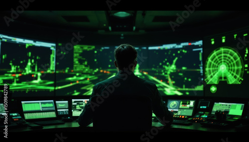 A focused operator sits in a dark control room, surrounded by multiple screens displaying green data and radar information during an urgent operation late at night