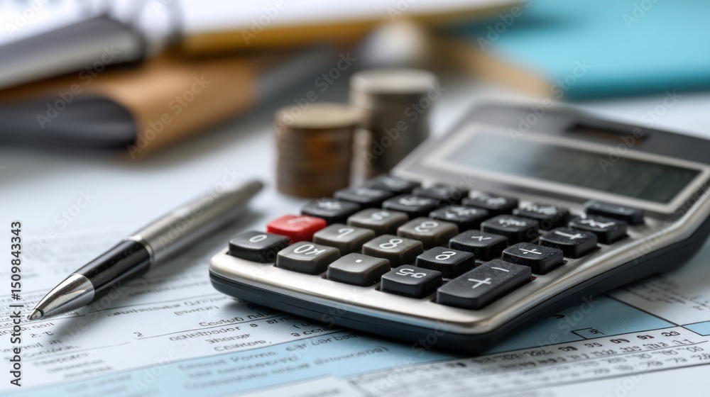 Financial Calculator on Paper with Coins and Pen for Budget Planning Financial Calculator on Paper with Coins and Pen for Budget Planning