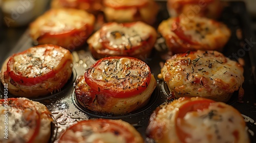 Close up of freshly baked tomato and cheese tarts in a muffin tin ready to be served warm photo