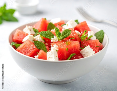 Fresh watermelon and feta salad in bowl