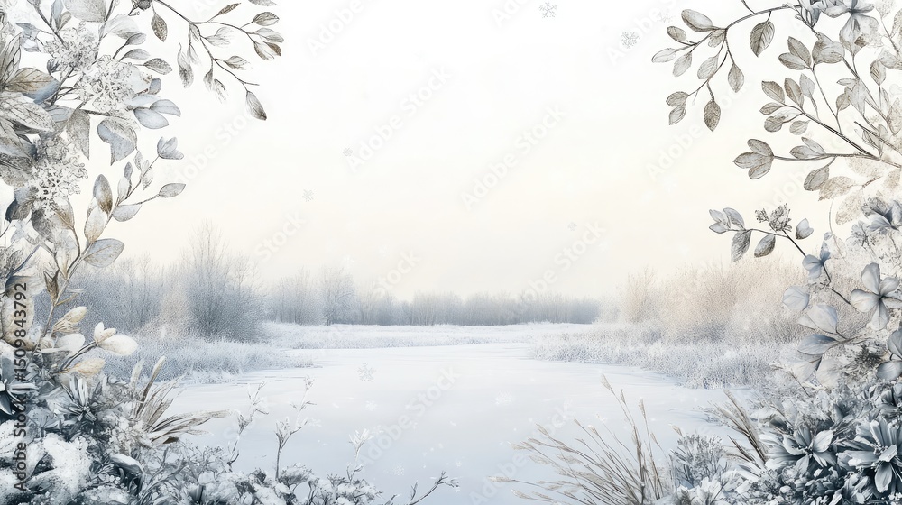 Fototapeta premium A snowy landscape with a white background and a tree in the foreground