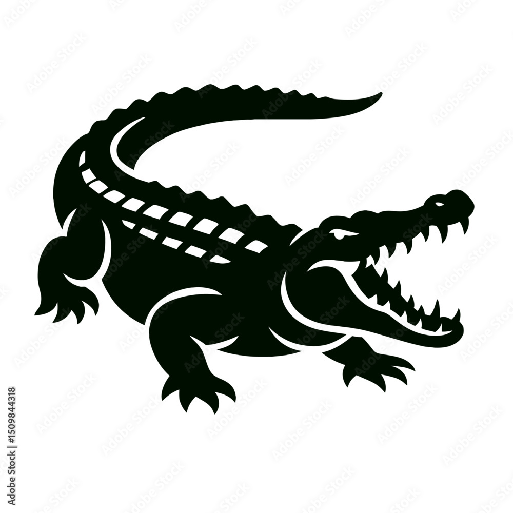 Fototapeta premium Crocodile full body, white background, monochrome black, flat vector illustration, illustrator style