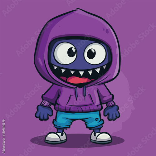 Playful Purple Hooded Monster with Wide Grin