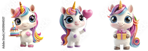3d cartoon cute birthday unicorns on transparent background.