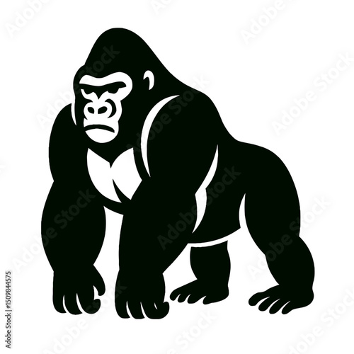 Gorilla full body, white background, monochrome black, flat vector illustration, illustrator style