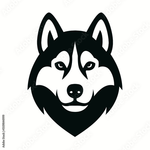 Husky dog face logo, white background, monochrome black, flat vector illustration, illustrator style