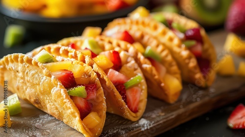 Close up of a row of fruit tacos filled with strawberries kiwi and mango on a wooden board surface