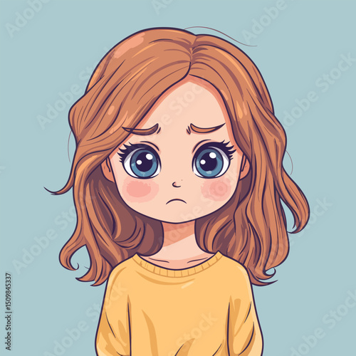 Sad Anime Girl with Large Blue Eyes and Brown Hair