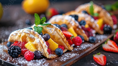 Close up of fruit filled pastries dusted with powdered sugar on a wooden serving board surface