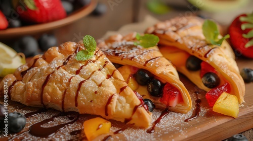 Close up of fruit filled pastries drizzled with chocolate and topped with powdered sugar and mint leaves