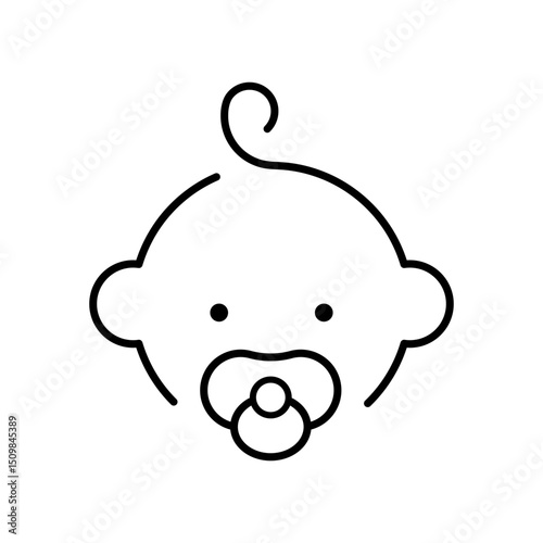 Baby line icon. Simple outline style. Infant face with pacifier and small curl. Ideal for childcare, newborn products, and parenting apps symbol. Universal sign of early childhood pictogram.