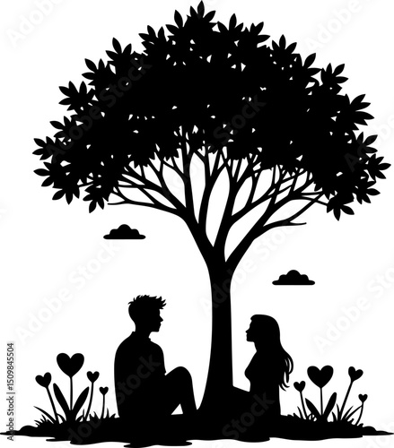  Couple Sitting Under a Tree Silhouette vector