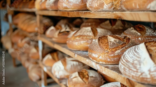 A bakery rack filled with freshly baked sourdough bread loaves ready for sale and display in the shop