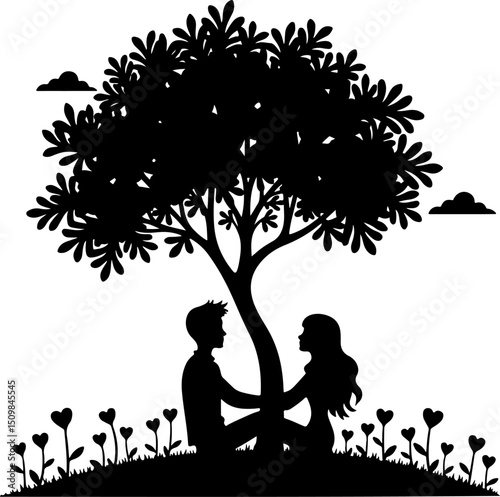  Couple Sitting Under a Tree Silhouette vector