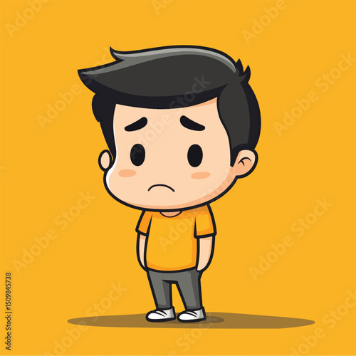 Sad Cartoon Boy in Orange Shirt and Grey Pants